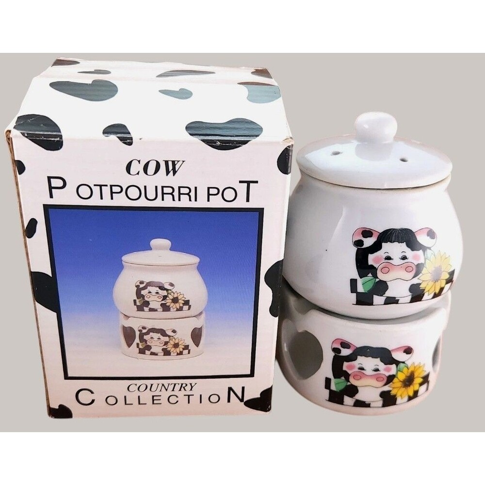Vtg Cow Potpourri Pot Ceramic Wax Melt Tealight Warmer Sunflower 3Pc Box